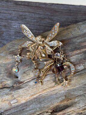 Kirks Folly Fairy Brooch Pin Gold Tone Dangle Moon Star Rhinestone Celestial